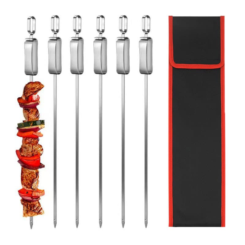 Factory Stock Outdoor Stainless Steel BBQ Tool Chicken Wing Skewer Flat Stick Pushable Metal Lamb Skewer