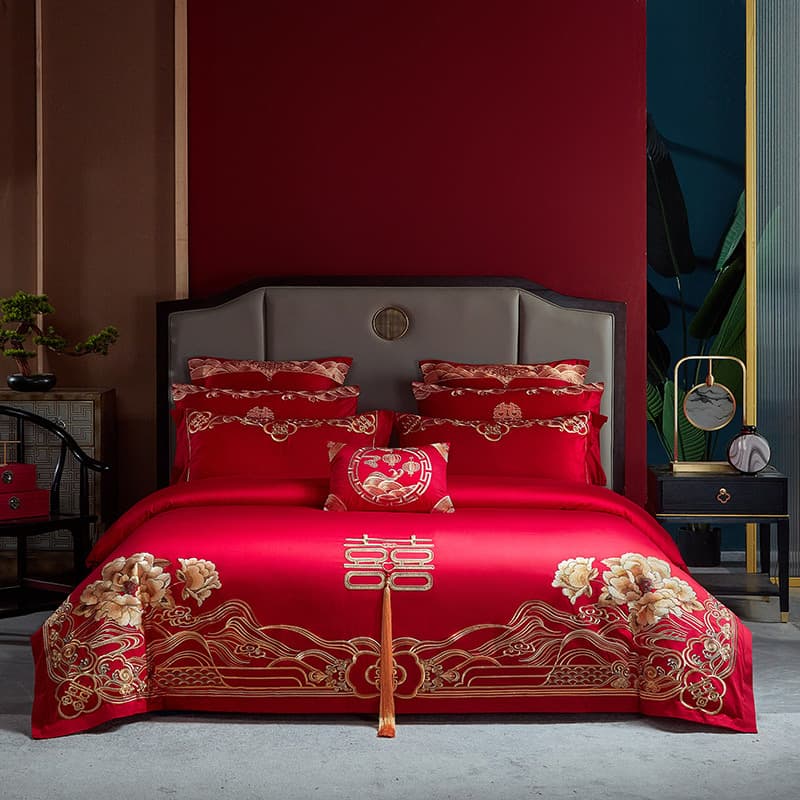 100% Cotton Wedding Bedding Set, Long-Staple Cotton, Red Embroidered Dragon and Phoenix Design, Bed Sheet, Duvet Cover, Pillowcases