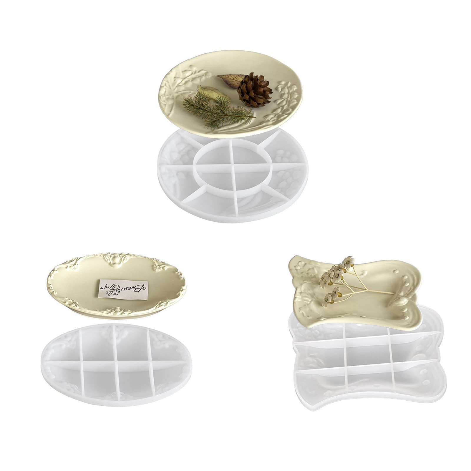 Glue diy European style simple style embossed pattern round square oval plate plaster storage tray silicone mold