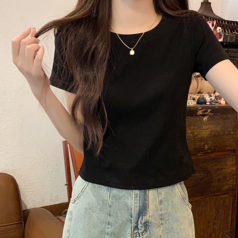 Basic Solid Color Short Sleeve T-Shirt for Women Summer New Korean Style Slim Fit High Waist Crop Top