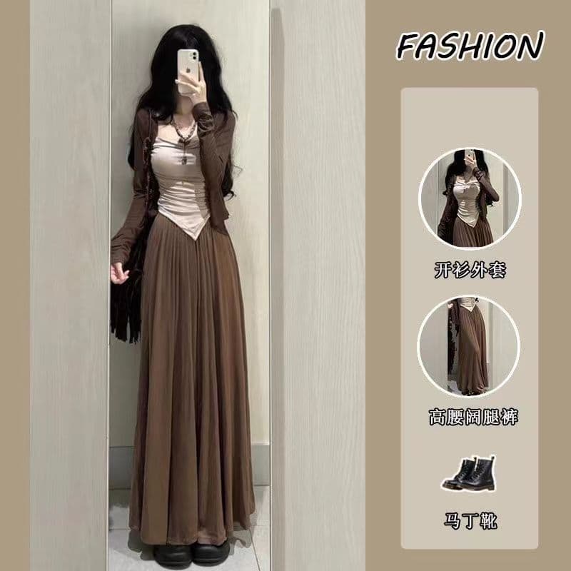 Summer New Women's Three-Piece Set Pure Desire Hot Girl Sunscreen Long Sleeve Open Cardigan Jacket Strap Vest Wide Leg Pants