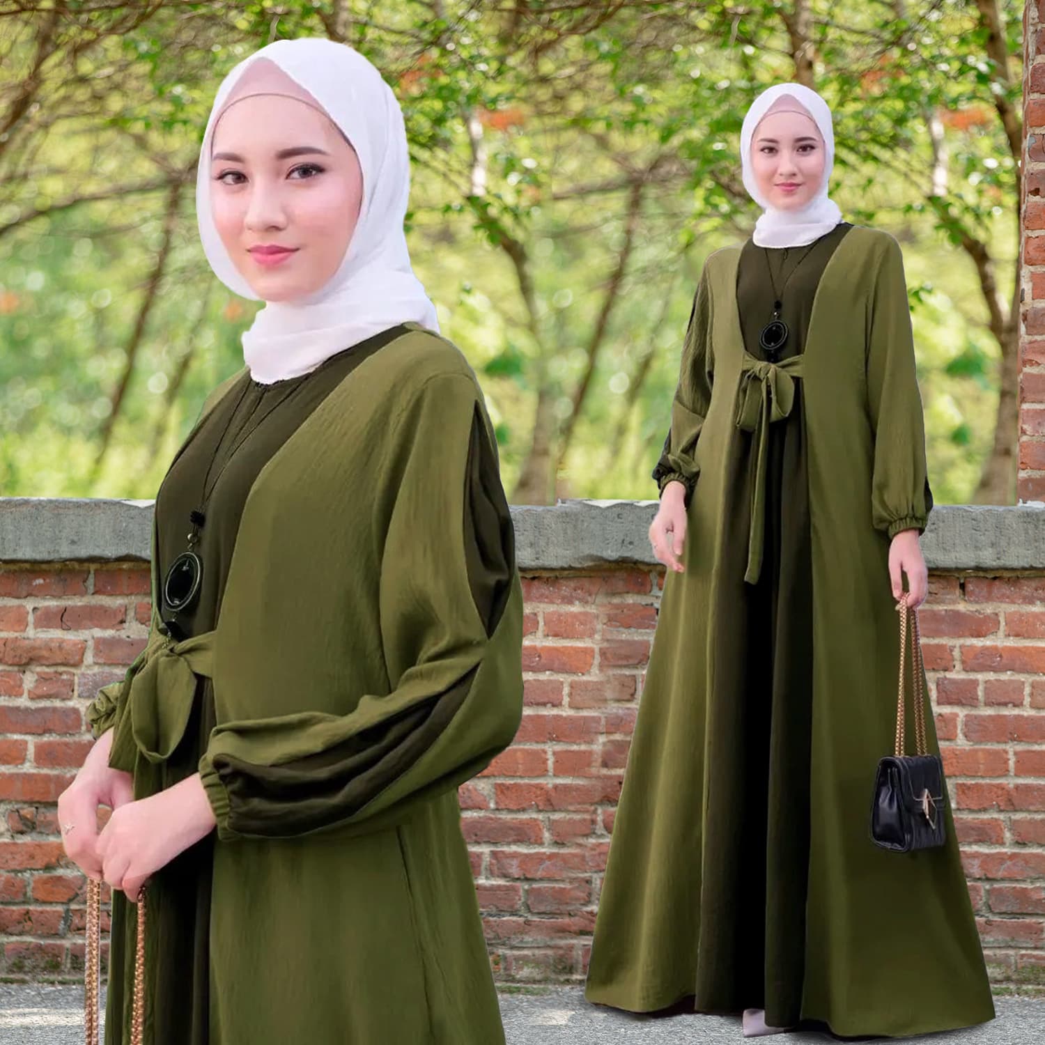 Cross-border Women's Dress, Color-block Tie-waist Long Sleeve Maxi Dress (Without Headscarf)