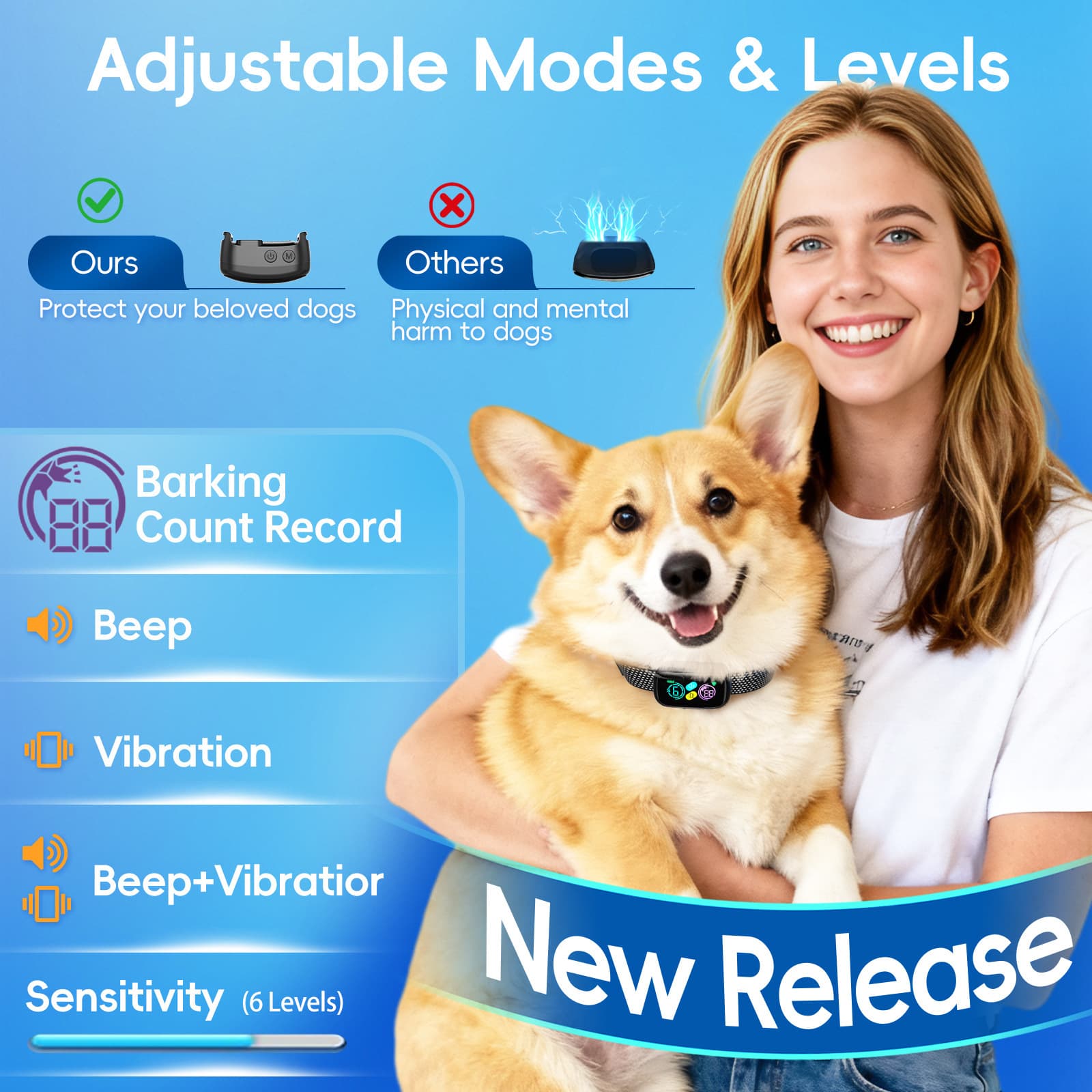 Cross-border New Color Screen Automatic Anti-Bark Training Device, Waterproof Smart Pet Mini No-Shock Collar
