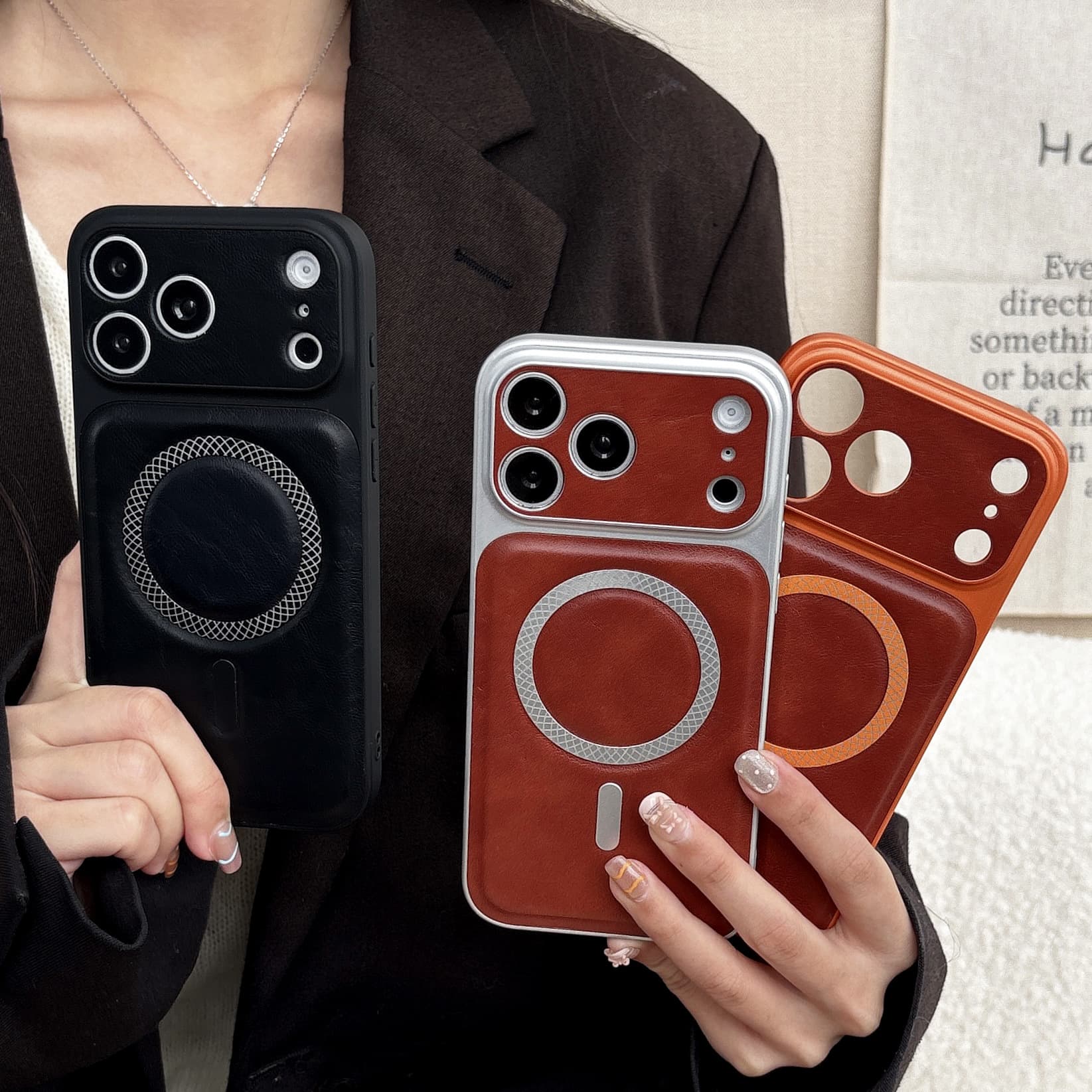 Fashionable Minimalist Leather iPhone 17 Pro Max Case with Large Window, iPhone 13 Cross-border Export 15PM Couple