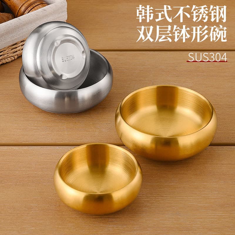 Korean-style 304 Stainless Steel Double-Layer Rice Bowl, Soup Bowl, Kimchi Bowl, Sauce Dish, Anti-Scald Small Bowl for Children