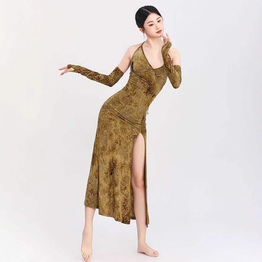 2025 Spring Summer Retro Print Collar Halter Dance Dress Waist-Cinching Hip-Hugging Sleeveless Long Dress Latin Dance Ballroom Dance Dress