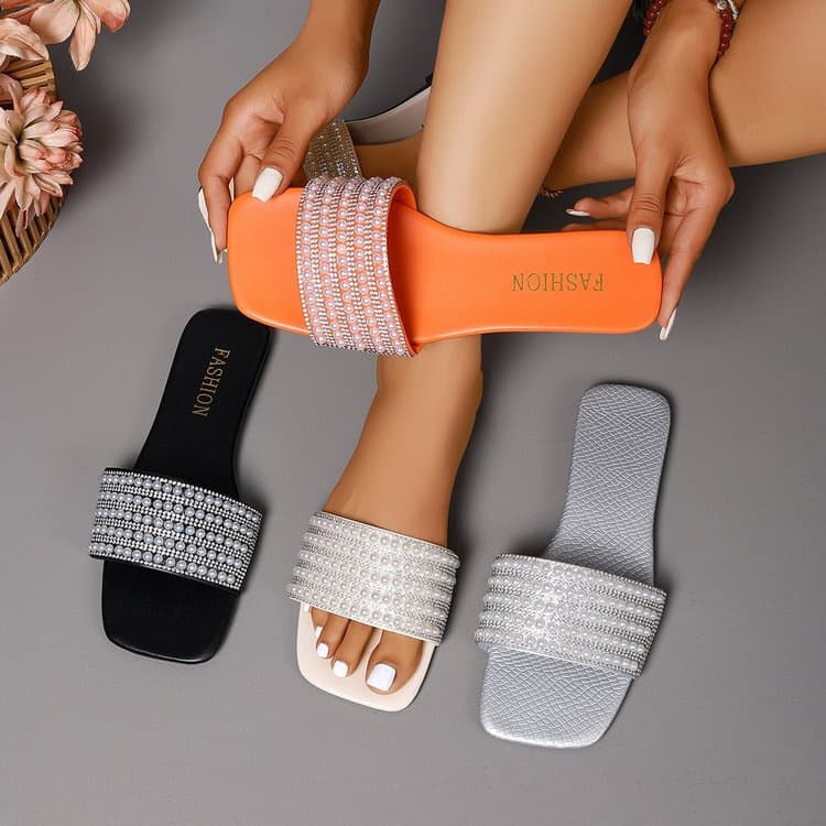 2022 European and American Flat Colorful Rhinestone Slippers Women's Summer Flat Sandals Women Shoes Polyurethane Leather and Ru