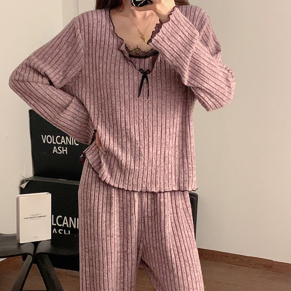 European and American Fashion Casual Long Sleeve Top and Pants Loungewear Pajama Set for Women Homewear Pajama Set