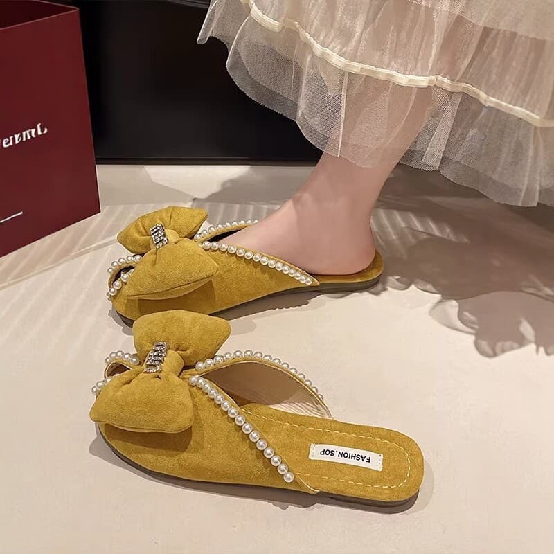 French Bow Pearl Ballet Flat Sandals for Women Summer Outdoor Soft Sole Slide Sandals Trendy Sweet Style