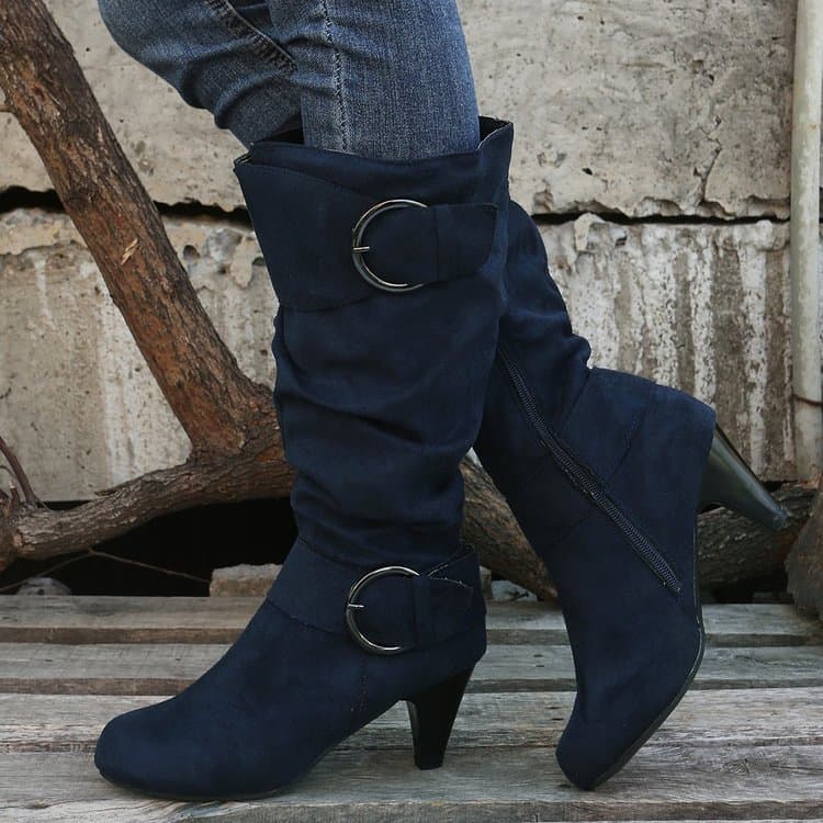 New Cross-Border Plus Size Kitten Heel Fashion Boots 2024 Autumn Winter High Top Not Over Knee Round Toe Buckle Strap Women's Boots
