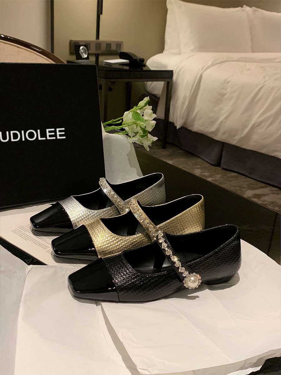Lambskin version ~ French-style rhinestone and pearl strap Mary Jane shoes for women, low-cut, chunky heel, high-end niche style trendy single shoes