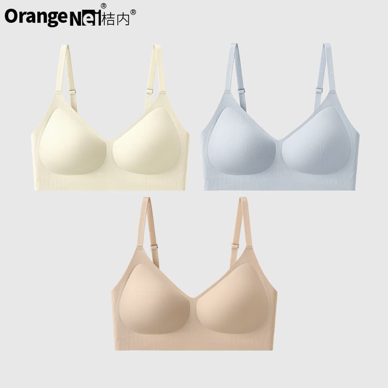 Ju Nei Mu Mu women's ribbed thin comfort seamless push-up bra with side support, soft support, no gaping cups, and anti-sagging