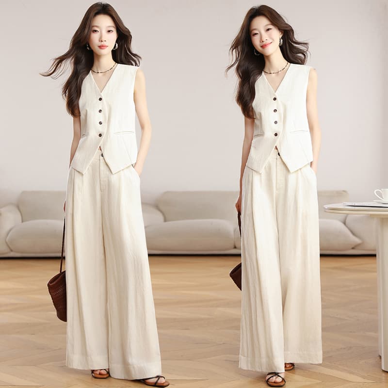 Actual shot French style high-end outfit suit for women summer new old money style vest wide leg pants two-piece set