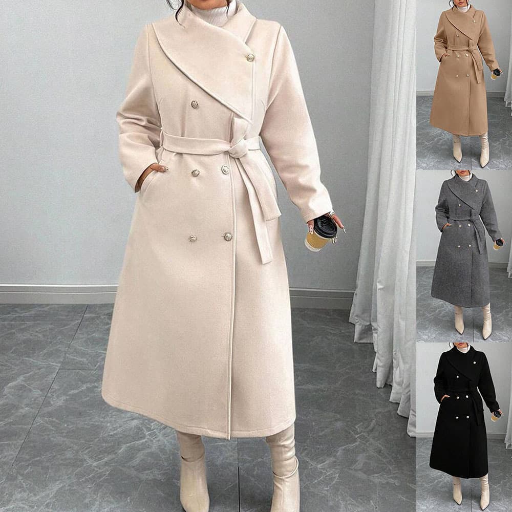 2026 Winter New European and American Cross-border Women's European Size Double-breasted Asymmetric Collar Wool Coat