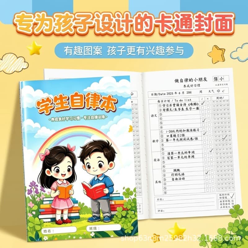 Kids Self-Discipline Study Planner Elementary School Homework Self-Discipline Notebook Check-In Book Daily Record Sheet Time Planning
