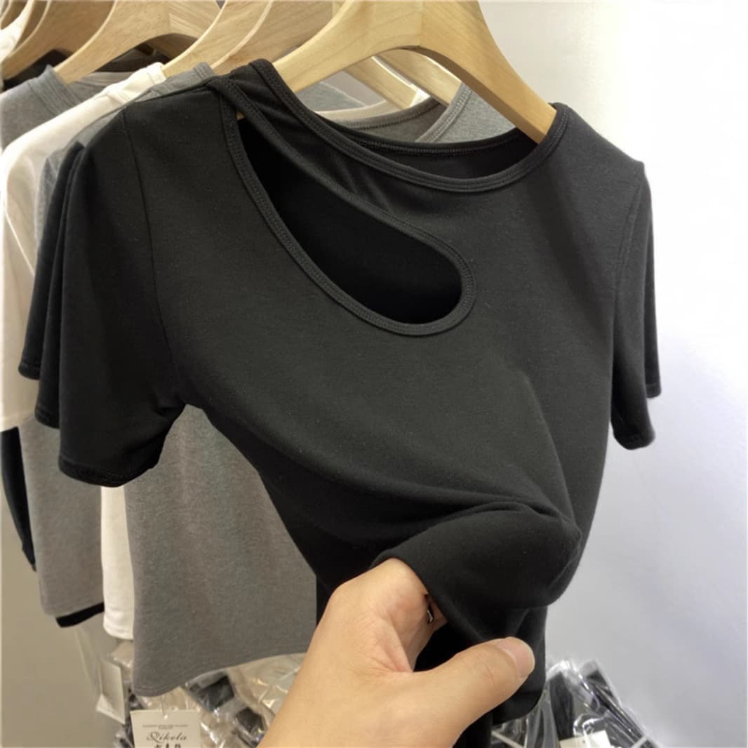 Pure Desire Style Design Sense Niche Clavicle Hollow Short-sleeved T-shirt Women's Summer New Korean-style Irregular Slim Top