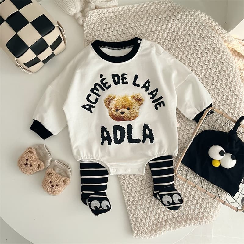 Trendy Bear Baby Bodysuit Three-piece Set Cotton Material Unisex Newborn Clothes Long Sleeve Casual Style Comfortable for Crawling