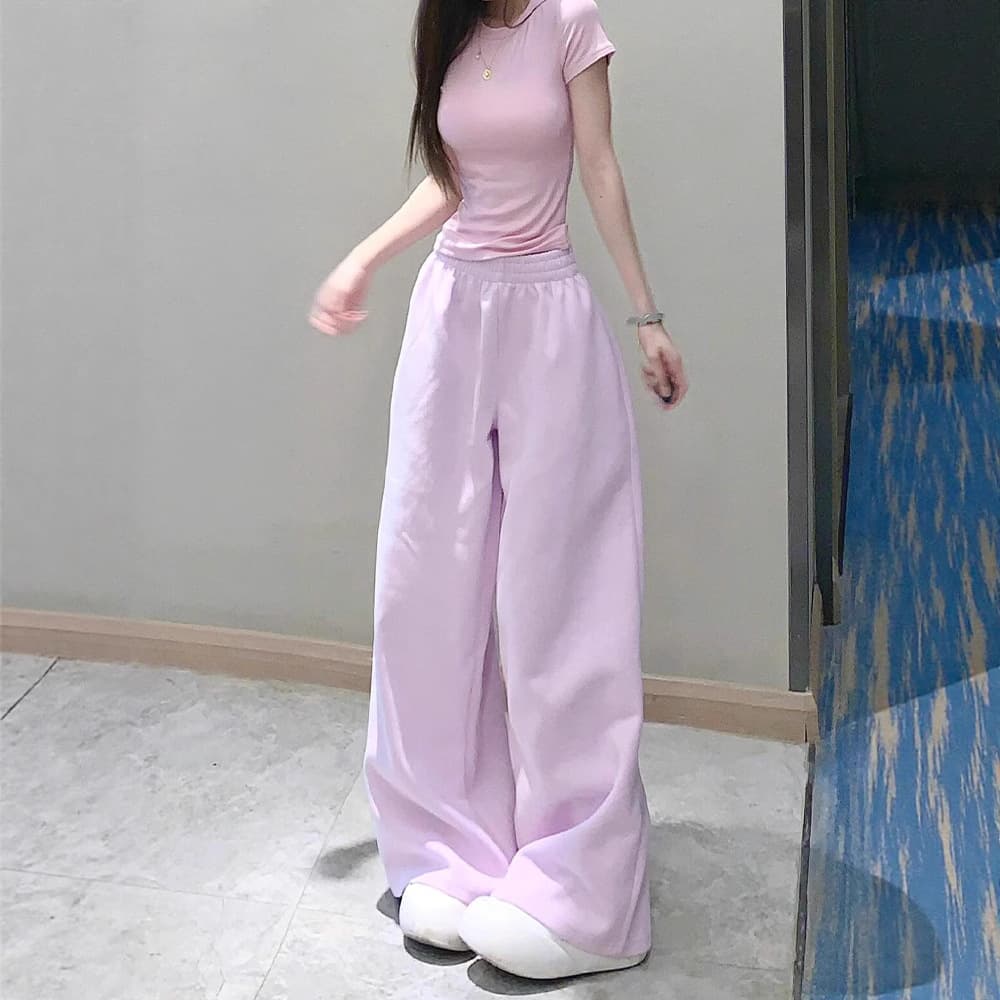 Women's Pink Loungewear Sweatpants, Loose Wide-Leg Casual Pants, High-Waist Drawstring Sweatpants for Summer, Flowing Floor-Length Trousers