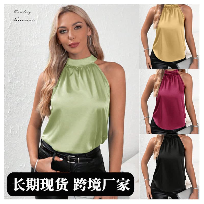 Summer New Style Solid Color Shoulder Bared Neck Hanging Sleeveless Vest for Women Polyester Satin Fabric Casual Top