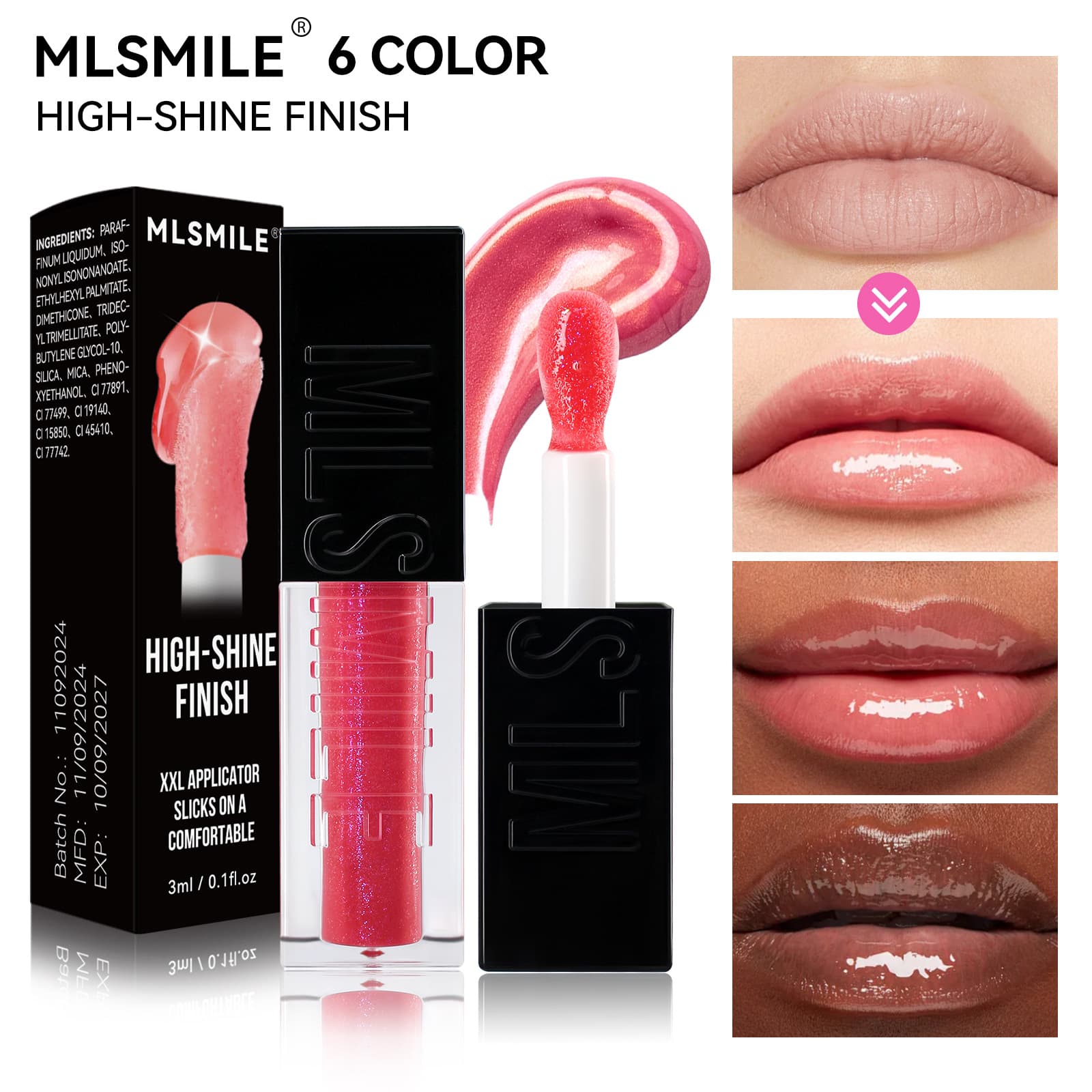 MLSMILE cross-border exclusive supply of 6 colors of mirror water gloss lip glaze, glass plump lips, moisturizing and moisturizing pearlescent lip oil lip gloss