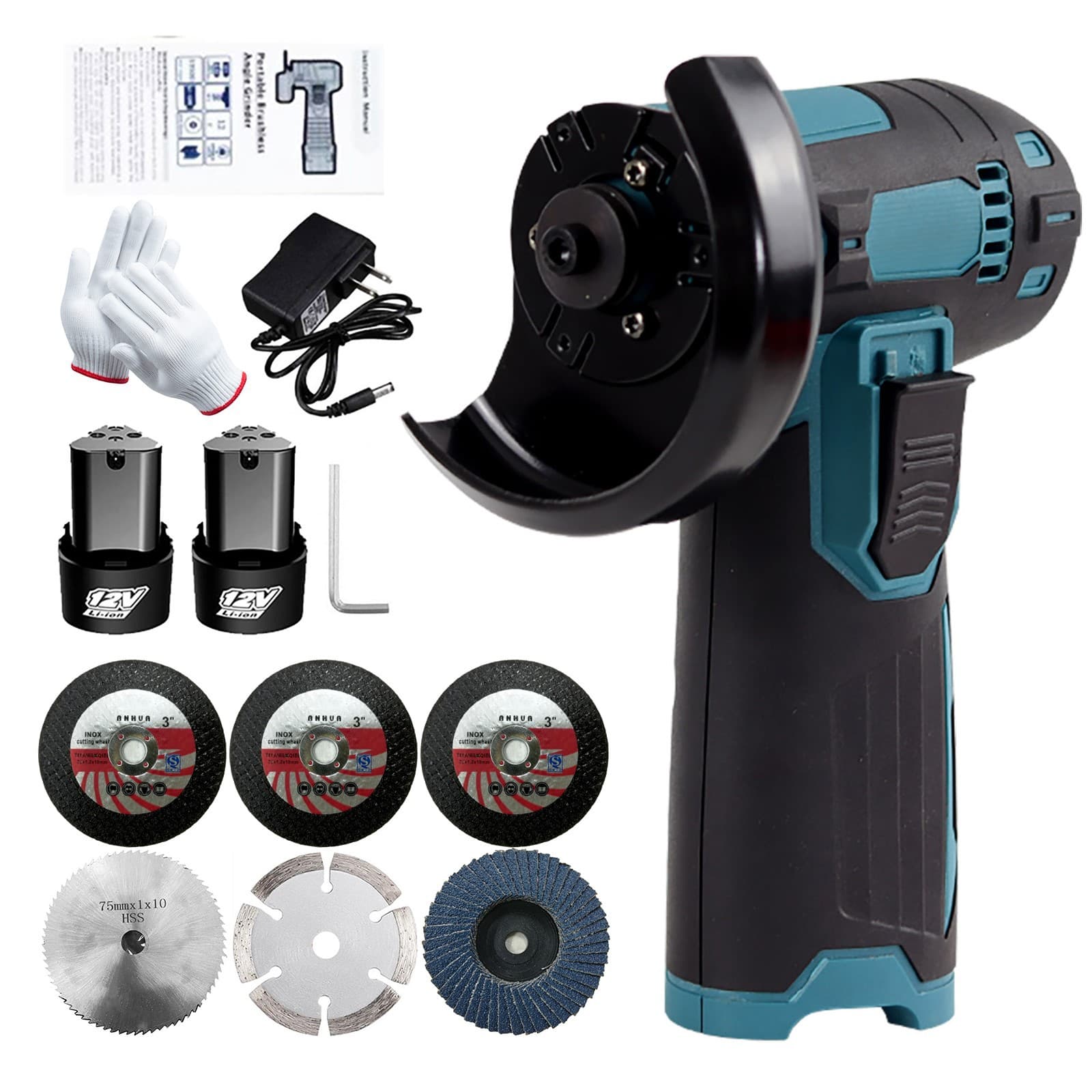 New 12V Lithium Battery Angle Grinder Handheld Cutter Polisher with Saw Blade Set, Power Battery Type 1300mAh