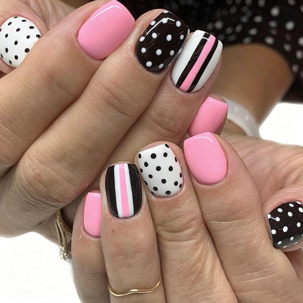 Cross-border Press-on Nails Short Square Colored Black Pink Polka Dot Striped Pink Y2K False Nail Tips