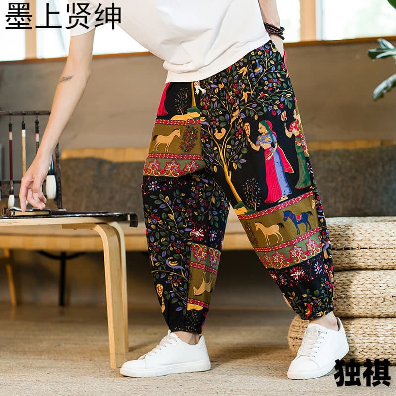Men's Casual Cotton Linen Drawstring Harem Pants Lantern Pants Breathable Summer Leisure Straight Leg Trousers