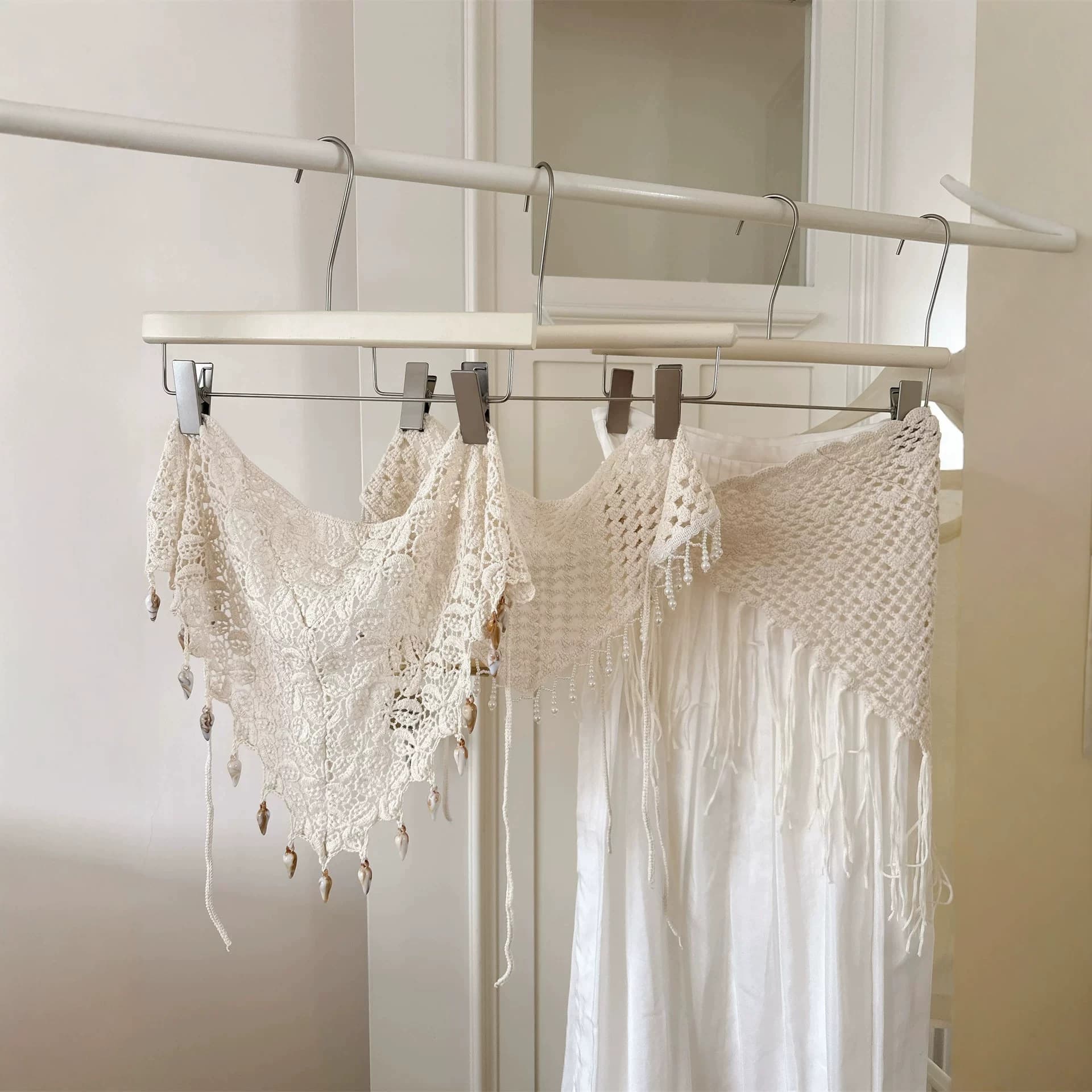 Beige Shell Fringe Hollow Triangle Knit Waist Scarf, New Summer Women's Design Layered Waist Accessory J35