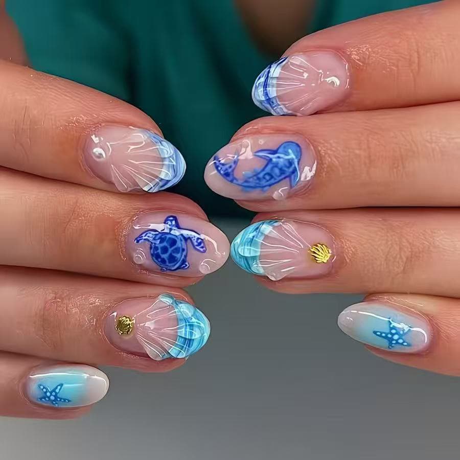 Short Glossy Oval Nails European and American Cross-Border Foreign Trade Blue French Style Starfish Dolphin Turtle Resin Press-On Nails 24 Pieces