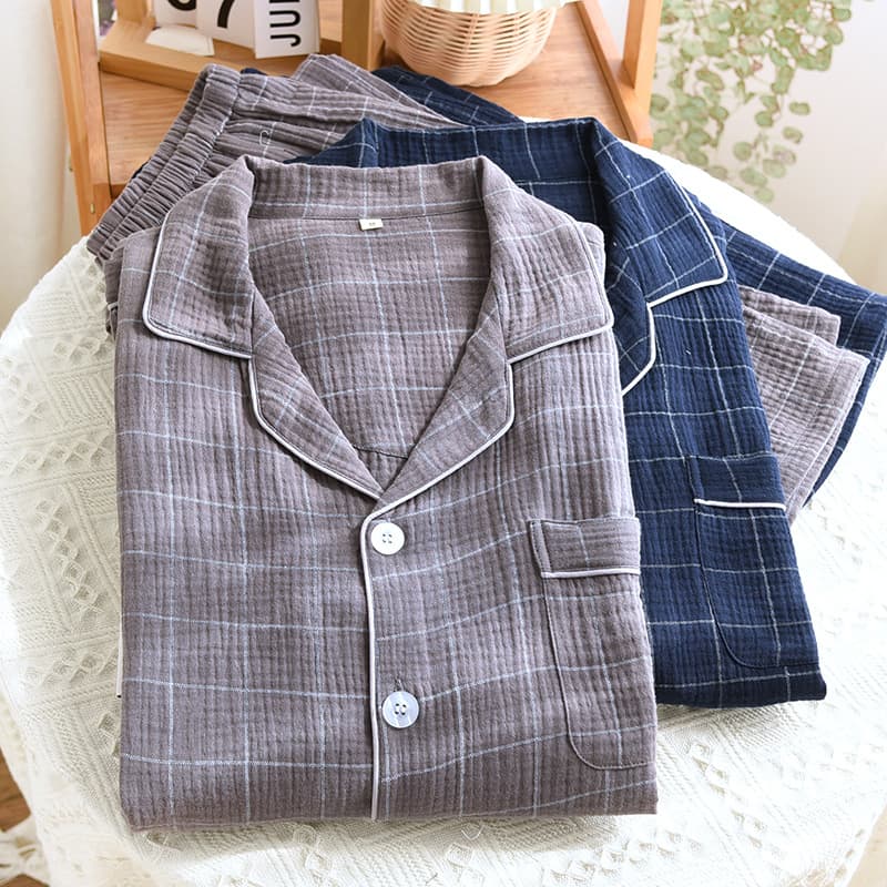 Men's cotton plaid pajamas Spring and Autumn long sleeve thin crepe cotton yarn lapel classic home wear loose plus size