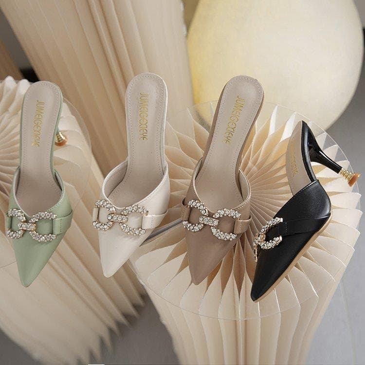 Women's Slippers Small Size Fashion Rhinestone High Heels Slim Versatile 2023 Pointed Toe French Mule Half Slippers Women Closed Toe