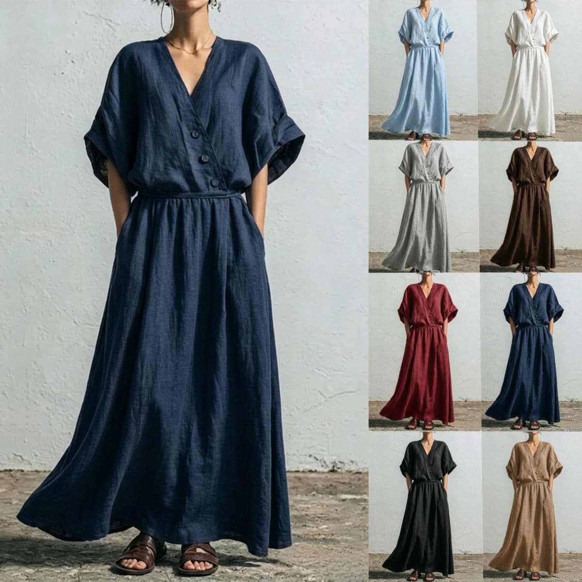 European and American Casual Vacation Cotton Linen Dress V-Neck Wrap Front Button Batwing Short Sleeve Belted Waist A-Line Pockets