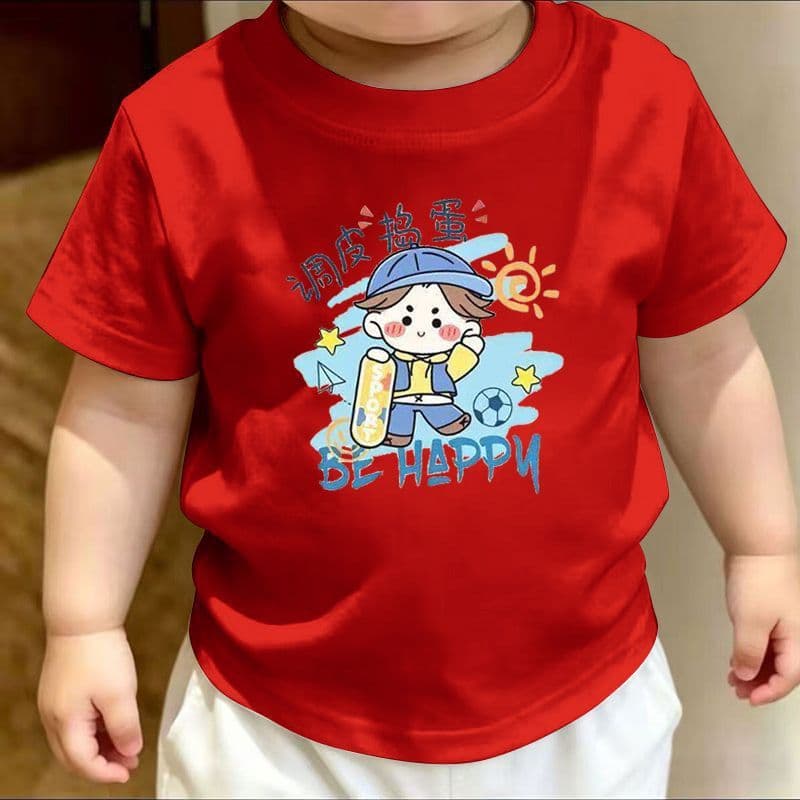Born with anti-bone fun text Summer new pure cotton casual short-sleeved boys and girls versatile printed children's T-shirt trend