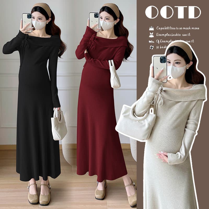 French Floral Long-Sleeve Knit Nursing Dress Autumn New Arrival Premium Slim-Fit Maternity Maxi Dress