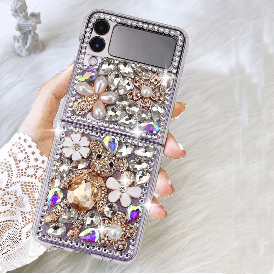 Full Drill Glitter Silicone Phone Case for Samsung ZFlip5/3 Foldable Screen Women's Style Pumpkin Car Perfume Bottle Design