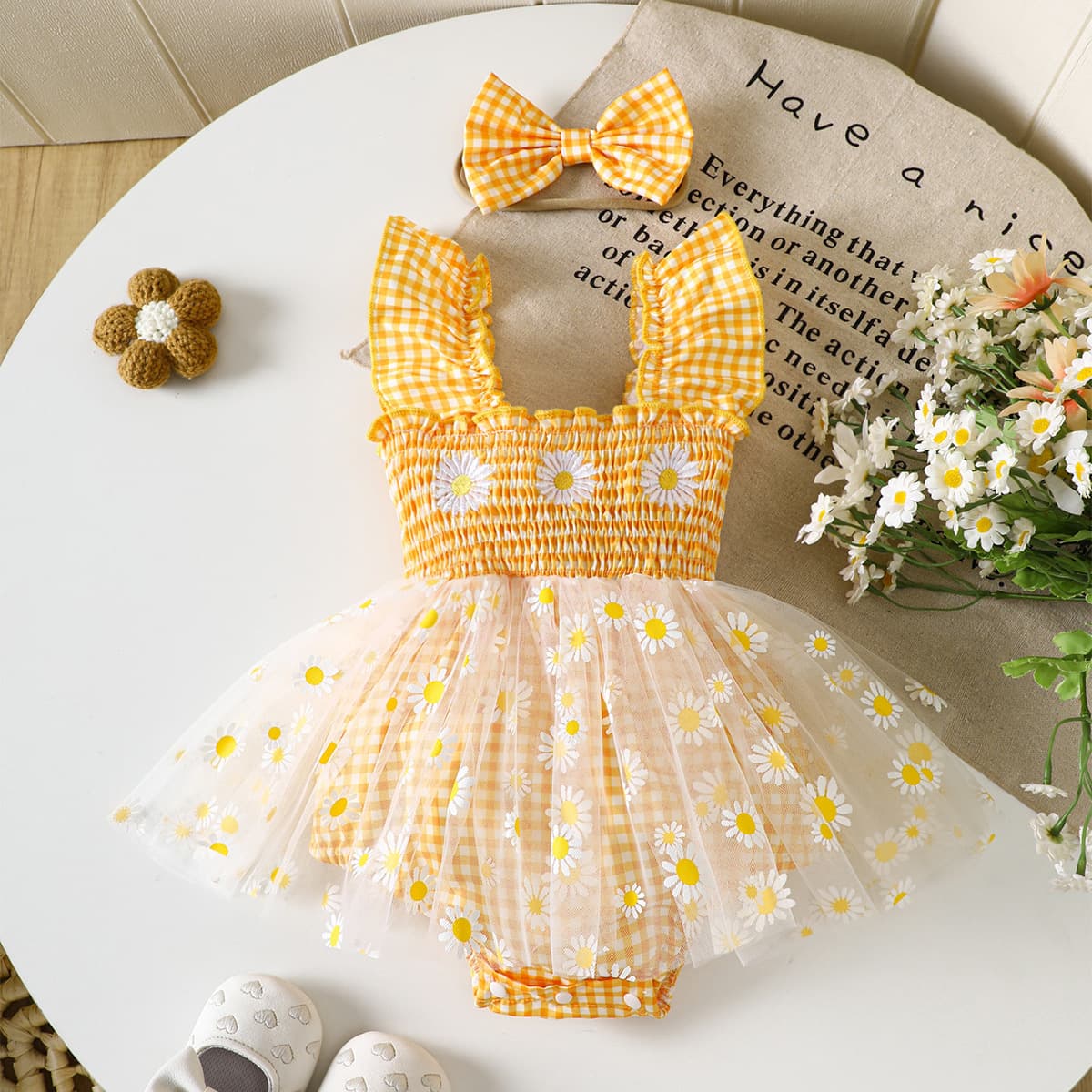 2025 Summer New Baby Girl Sweet Daisy Embroidered Plaid Bodysuit with Strap, Shirred Mesh Triangle Bodysuit