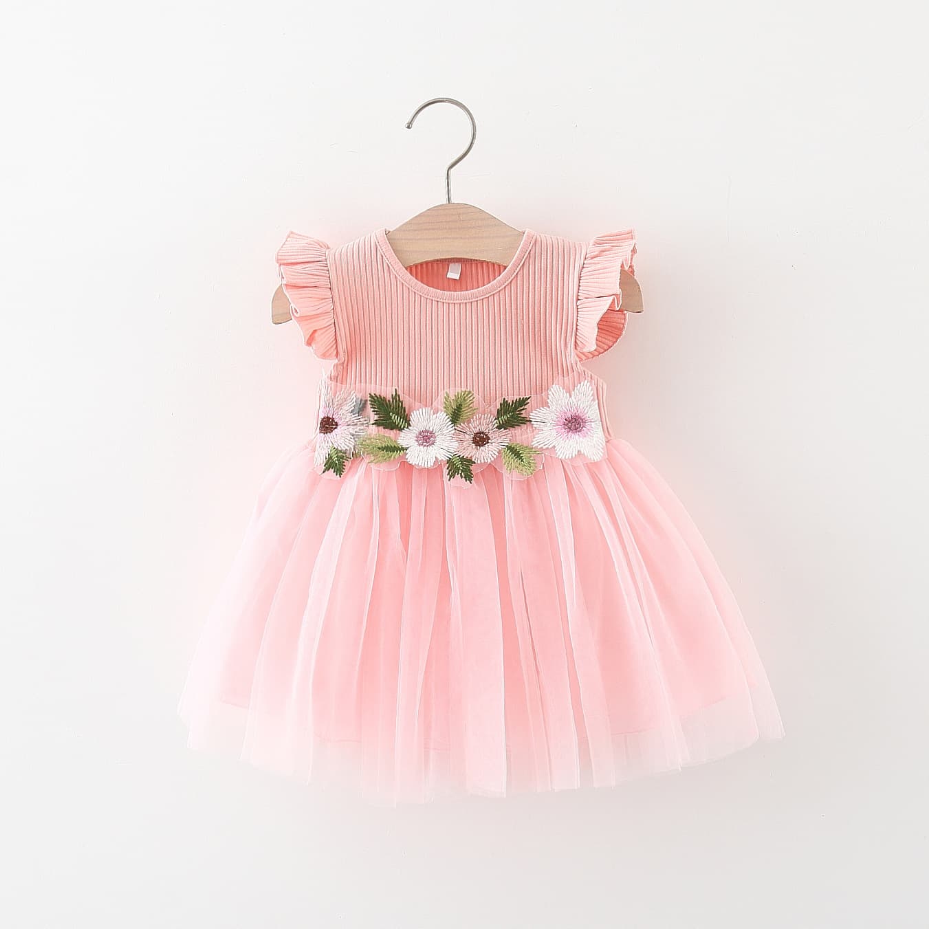 2024 Summer New Mesh Tutu Dress with Row of Words on Waist, Girls' Flutter Sleeve Ribbed Mini Dress