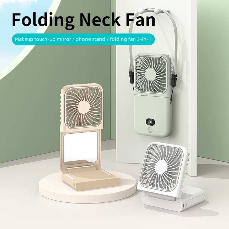 2025 New Neck-Mounted Foldable Stand Makeup Mirror Hand Fan