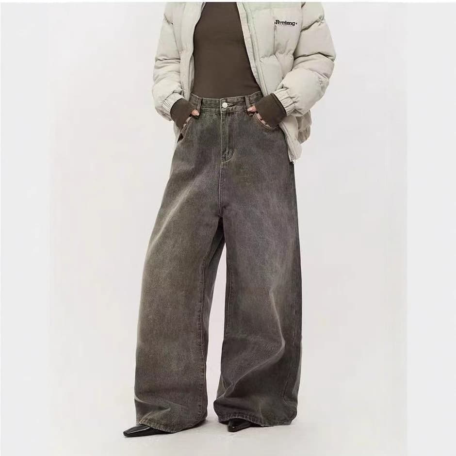 American retro washed distressed gray wide-leg jeans for men and women unisex trendy brand straight-leg floor-length trousers trendy brand