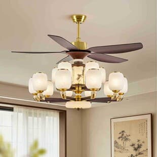 New Chinese Style Tea Room Direct Blade Fan Light, Solid Wood Living Room Ceiling Fan Light, Zen Dining Room Multi-Head Fan Light