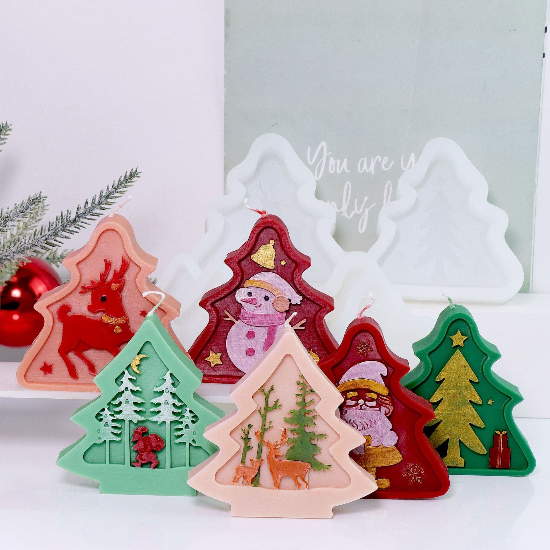 6 Types of Flat Relief Christmas Tree Candle Molds, New Christmas Silicone Molds, DIY Expansion Candle Plaster Ornaments