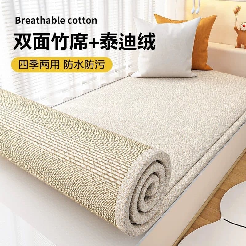 Double-sided Bay Window Cushion, Teddy Fleece Waterproof Bamboo Mat Premium All-Season 2024 New Balcony Mat