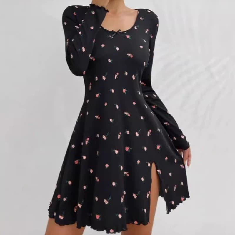 2026 New European and American Women's Homewear Nightgown Ribbed Floral Print Women's Sleepwear Printed Strap Nightgown