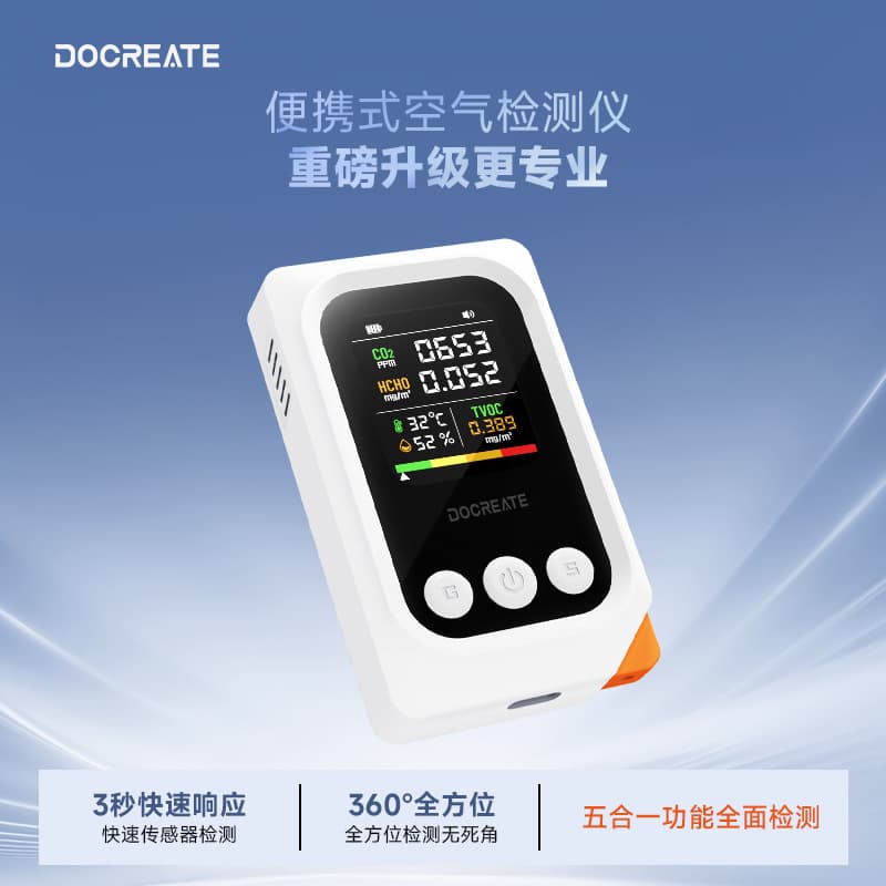 Five-in-One Formaldehyde Detector, CO2 Monitor, Air Quality Tester with Temperature and Humidity Detection
