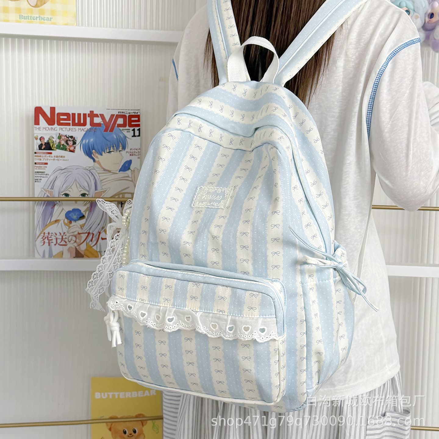 Schoolbag junior high school girl ins girly style milk blue striped backpack female student campus lace large capacity backpack