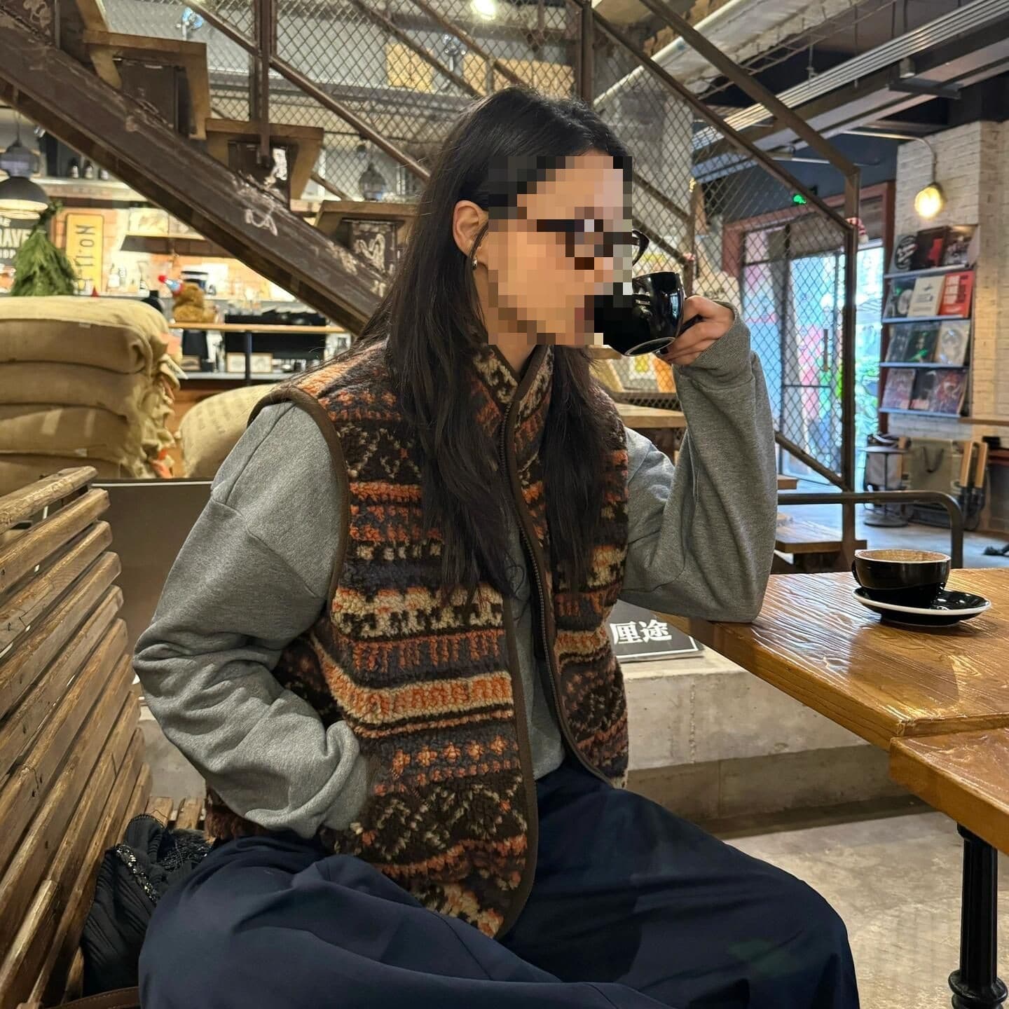 Retro Fair Isle polar fleece zipper stand collar sleeveless vest women autumn and winter new style design shearling vest trendy