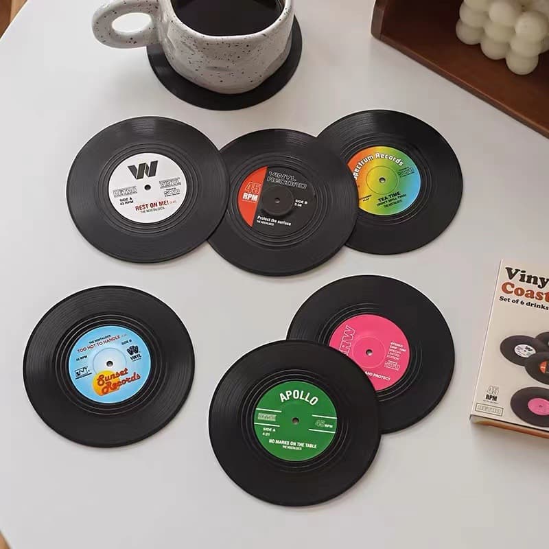 Cross-border hot sale non-slip silicone Machine record coaster Vintage Vinyl CD pad plate insulation pad six pieces