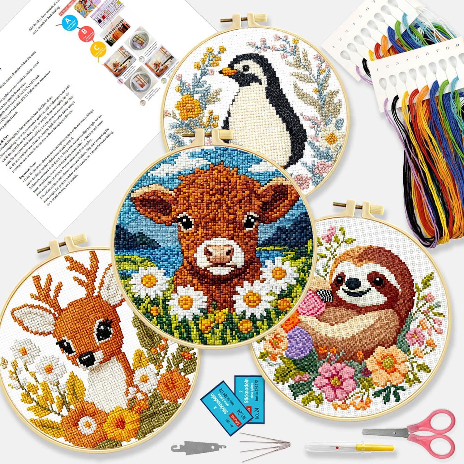 Cross-stitch flower room small animal four-piece set Small simple cross-border hot-selling cross-stitch kit simple DIY decoration