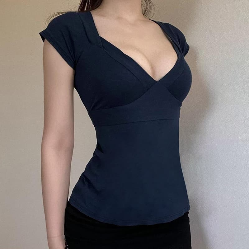 Cross Border Retro Basic Low Cut V Neck Solid Color Versatile Short Sleeve T Shirt Simple Elegant Pure Style Fitted Base Top