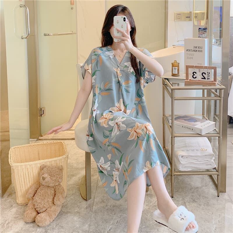 Women's Cotton Silk Sleep Dress Summer New Short Sleeve Cartoon Print Pajamas Korean Loose Plus Size Cotton Silk Homewear Thin